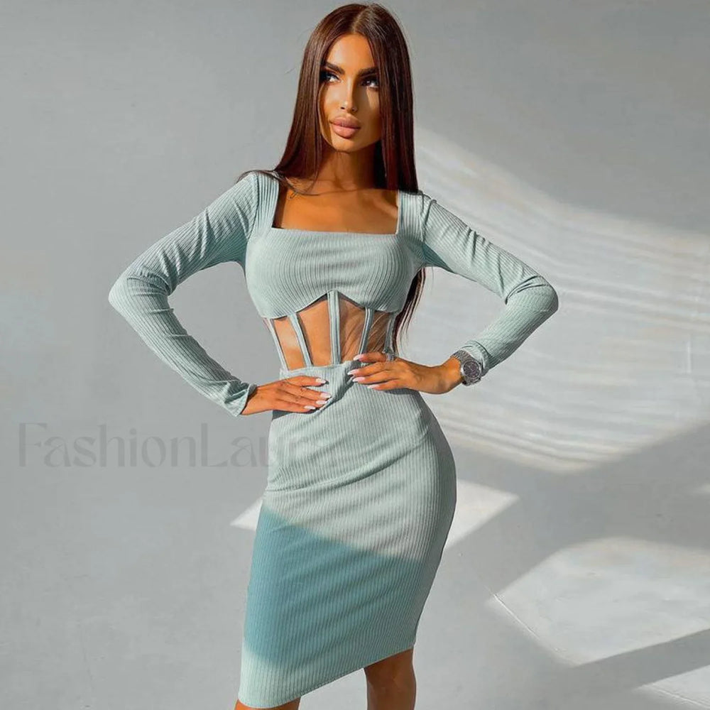 Square Neck Long Sleeve Mesh Panel Rib Knit Midi Dress Teal S / Teal Party Dresses