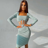 Square Neck Long Sleeve Mesh Panel Rib Knit Midi Dress Teal S / Teal Party Dresses