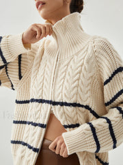 Stand Collar Cable Trendy Knit Stripe Cardigan Sweaters L