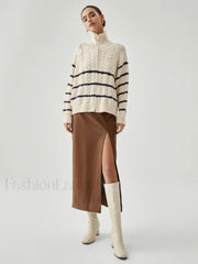 Stand Collar Cable Trendy Knit Stripe Cardigan Sweaters L