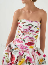 Strapless High Waist Floral Dress WHITE / S