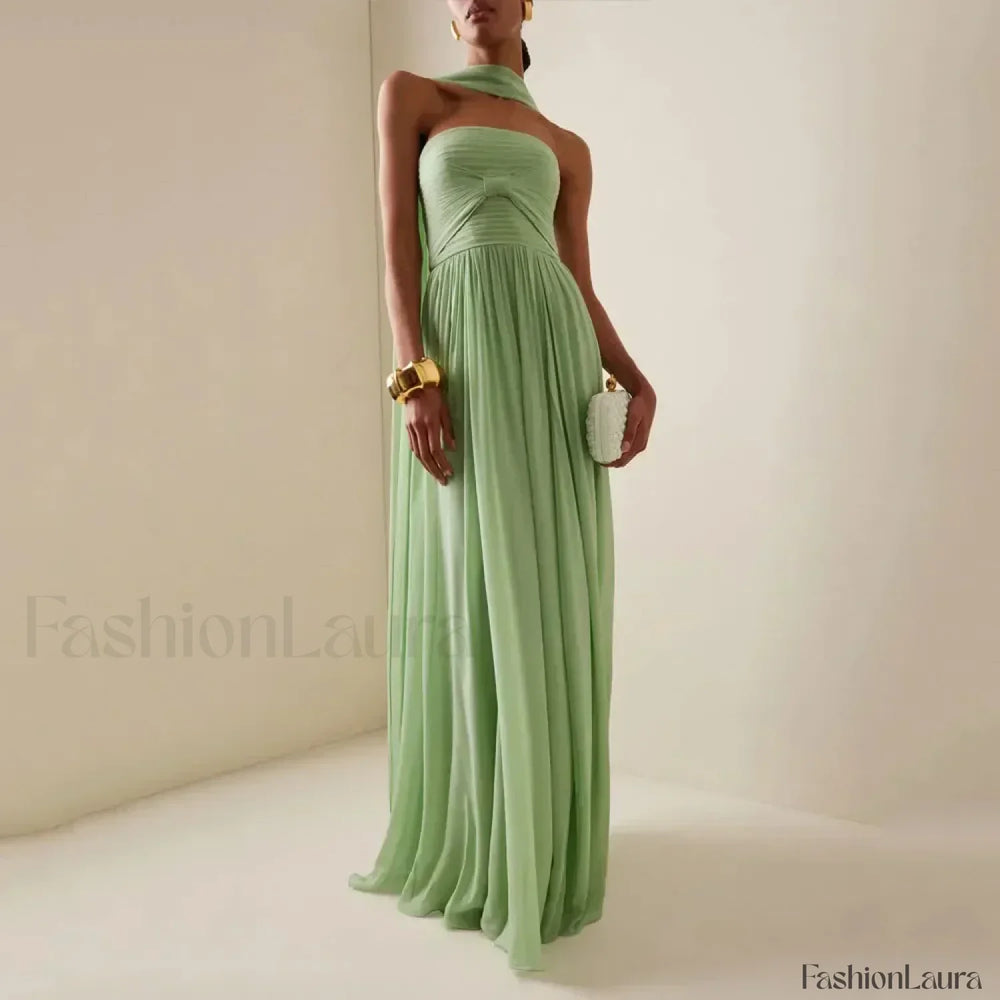 Strapless Pleat Chiffon Maxi Dress 2 / Green