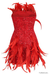 Strapless Sequin Feather Charming Embellished Mini Dress Party Dresses L