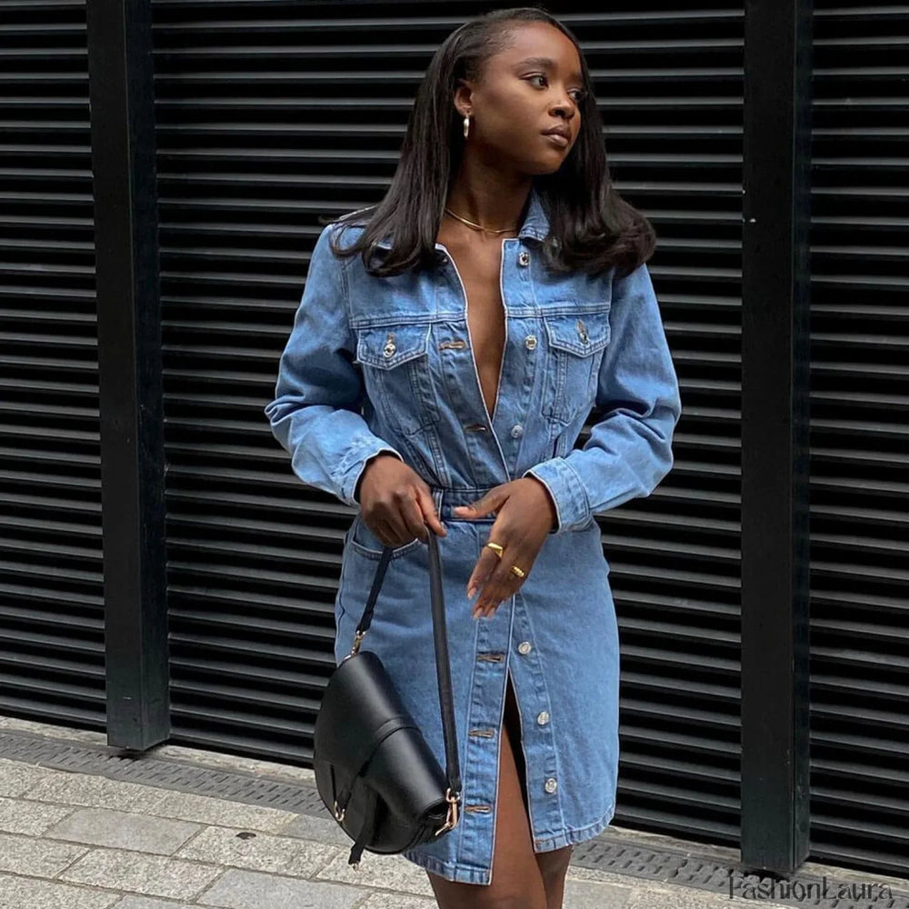 Street Style Long Sleeve Denim Midi Dress Blue S / Blue Denim Dresses