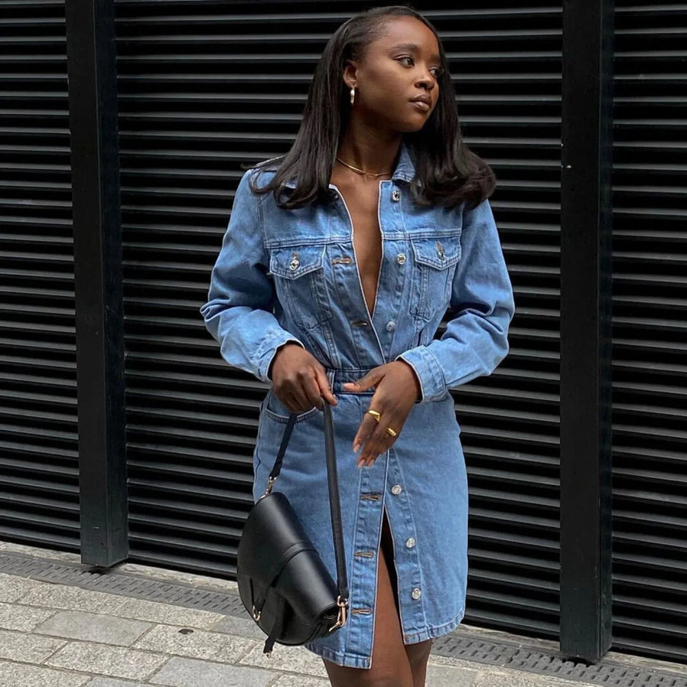 Street Style Long Sleeve Denim Midi Dress Blue S / Blue Denim Dresses