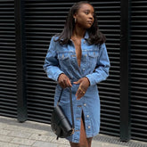 Street Style Long Sleeve Denim Midi Dress Blue S / Blue Denim Dresses