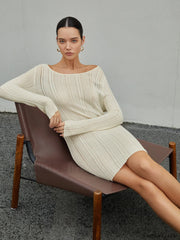 Strip Eyelet Texture Trendy Sweater Short Dress Apricot / XS Sweaters L