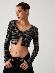 Stripe Fuzzy Fly Trendy Away Crop Cardigan Sweaters L