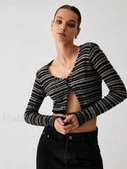 Stripe Fuzzy Fly Trendy Away Crop Cardigan Black / S Sweaters L