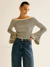 Striped Ruffle Sleeve Knit Top White / XS Knit Tops
