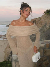 Stylish Knitted Sheer Beach Hollow Out Off Shoulder Elegant Long Sleeve Maxi Dress
