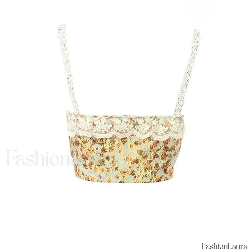 Sweet Ruffled Hook and Eye Lace Up Side Floral Crop Corset Top Green Crop Tops