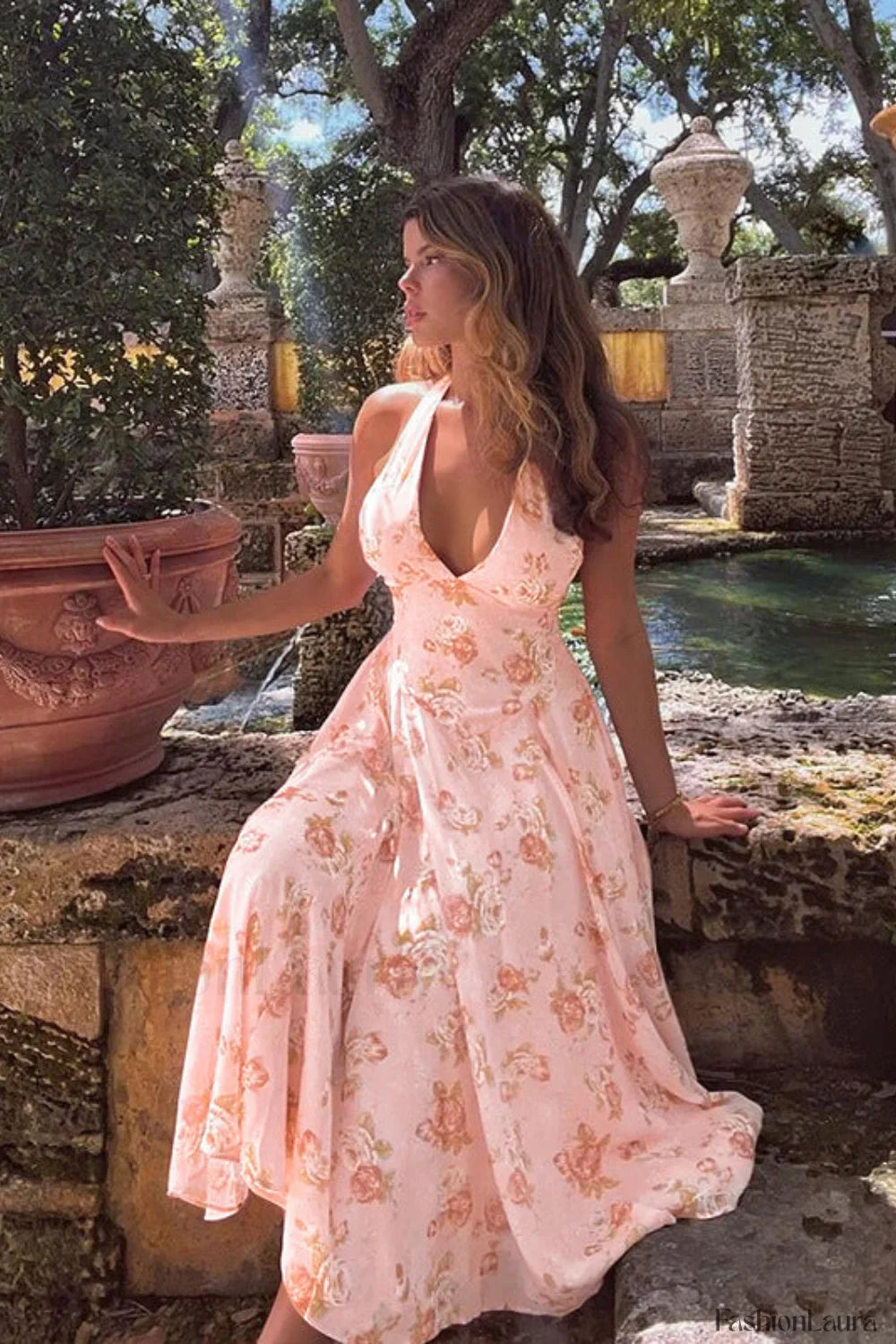 Sweet Wind Slim Print Neck A Line Floral Dress