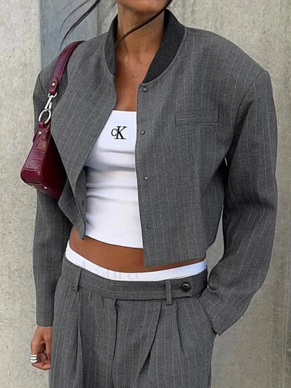 Tailored Pinstripe Graceful Patchwork Collar Jacket Grey / S Jackets