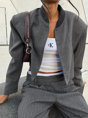 Tailored Pinstripe Graceful Patchwork Collar Jacket Jackets