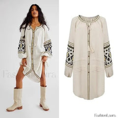 Tassel Lantern Sleeve Boho Dress Beige / S