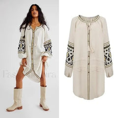 Tassel Lantern Sleeve Boho Dress Beige / S