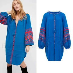 Tassel Lantern Sleeve Boho Dress Blue / S