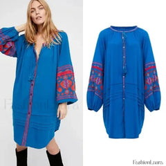 Tassel Lantern Sleeve Boho Dress Blue / S