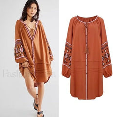 Tassel Lantern Sleeve Boho Dress Chocolate / S