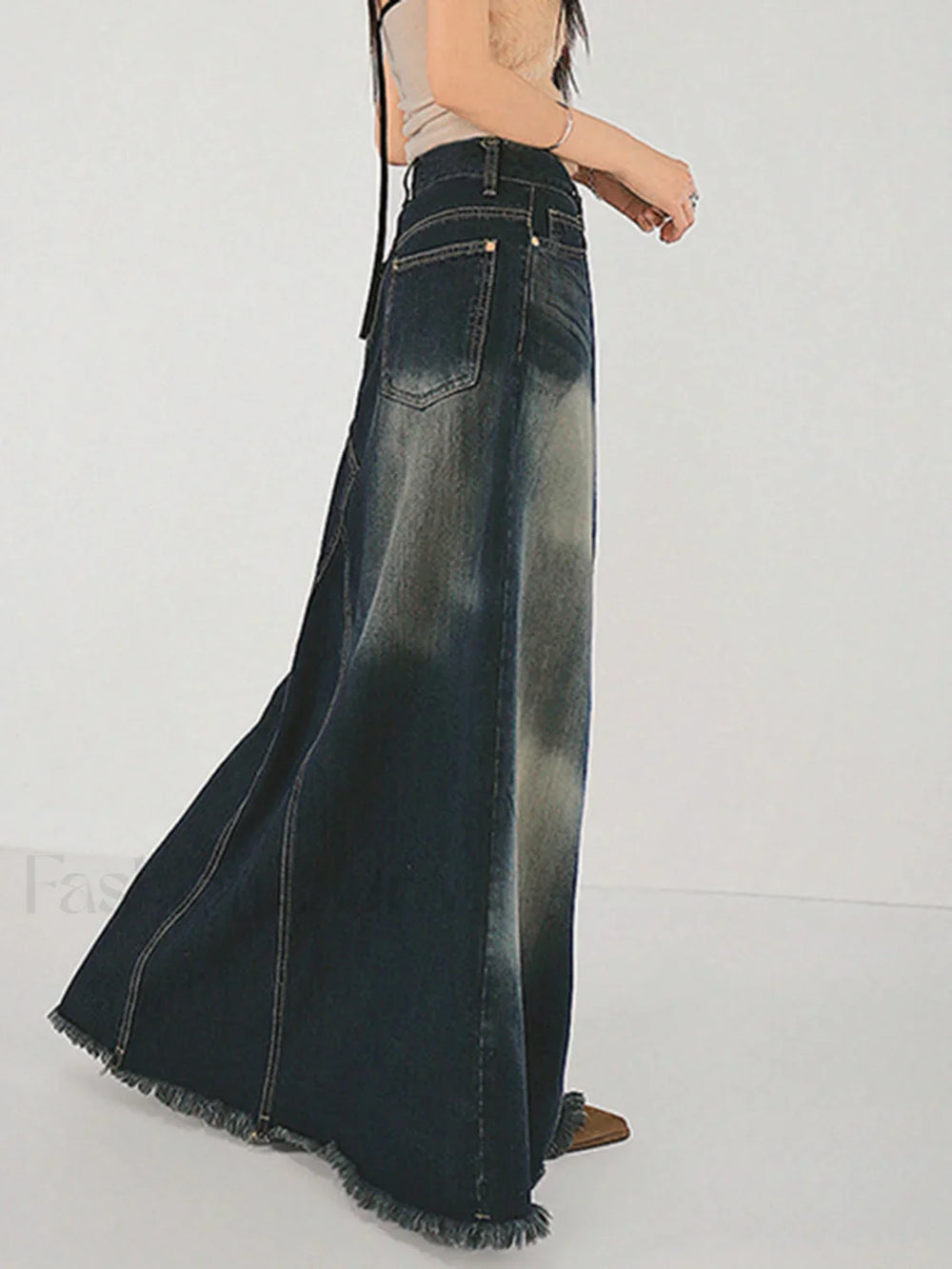 Tassels Hem Graceful Long Denim Skirt Denim Skirts