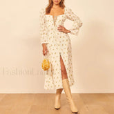 Three Quarter Ruffle Floral Dress Beige / S