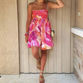 Tie Dye Slash Neck Floral Dress red / S