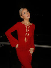 Tie Front Backless Lace Trendy Up Sweater Long Dress Sweaters L