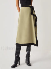 Tie Front Contrast Trendy Trim Midi Skirt Skirts