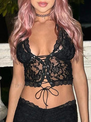 Tie Front Lace Halter Tank Top Corset Top