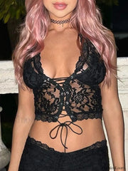 Tie Front Lace Halter Tank Top Corset Top