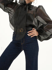 Tie Neck Graceful Sheer Net Shirt Black / S Shirts