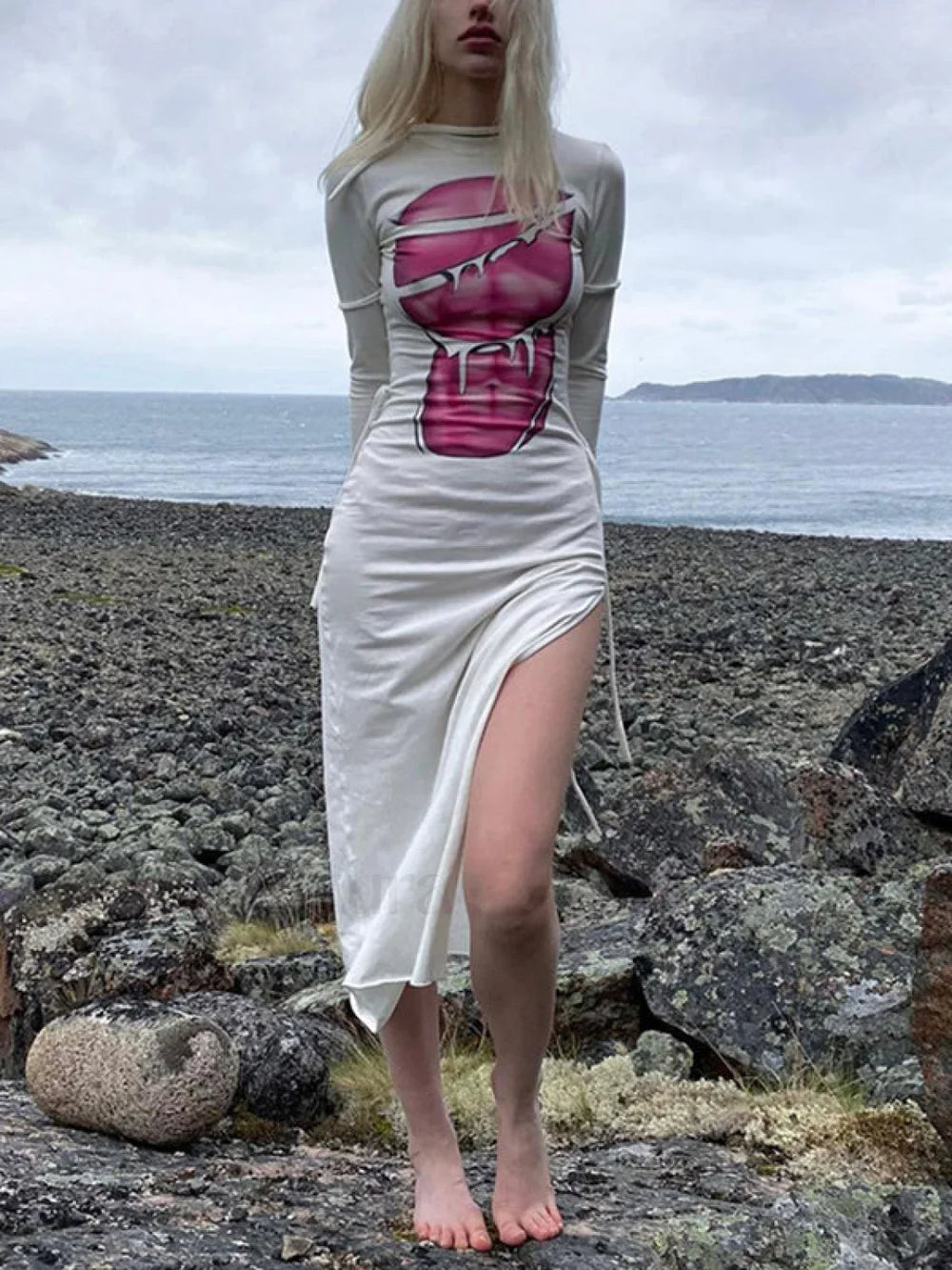 Tie Strap Slit Long Sleeve Maxi Dress White / S Maxi Dresses