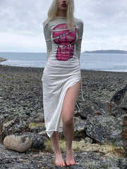 Tie Strap Slit Long Sleeve Maxi Dress White / S Maxi Dresses