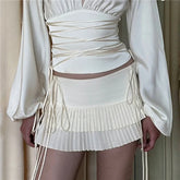 Tie Up Pleated White Mini Skirt
