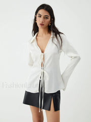Tie Up V Neck Trendy Long Sleeve Blouse White / XS Blouses