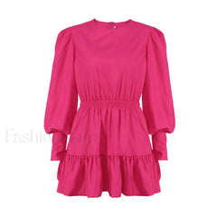 Trendy Puff Sleeve Gathered Waist Ruffle Smock Mini Dress Hot Pink L / Hot Pink Party Dresses