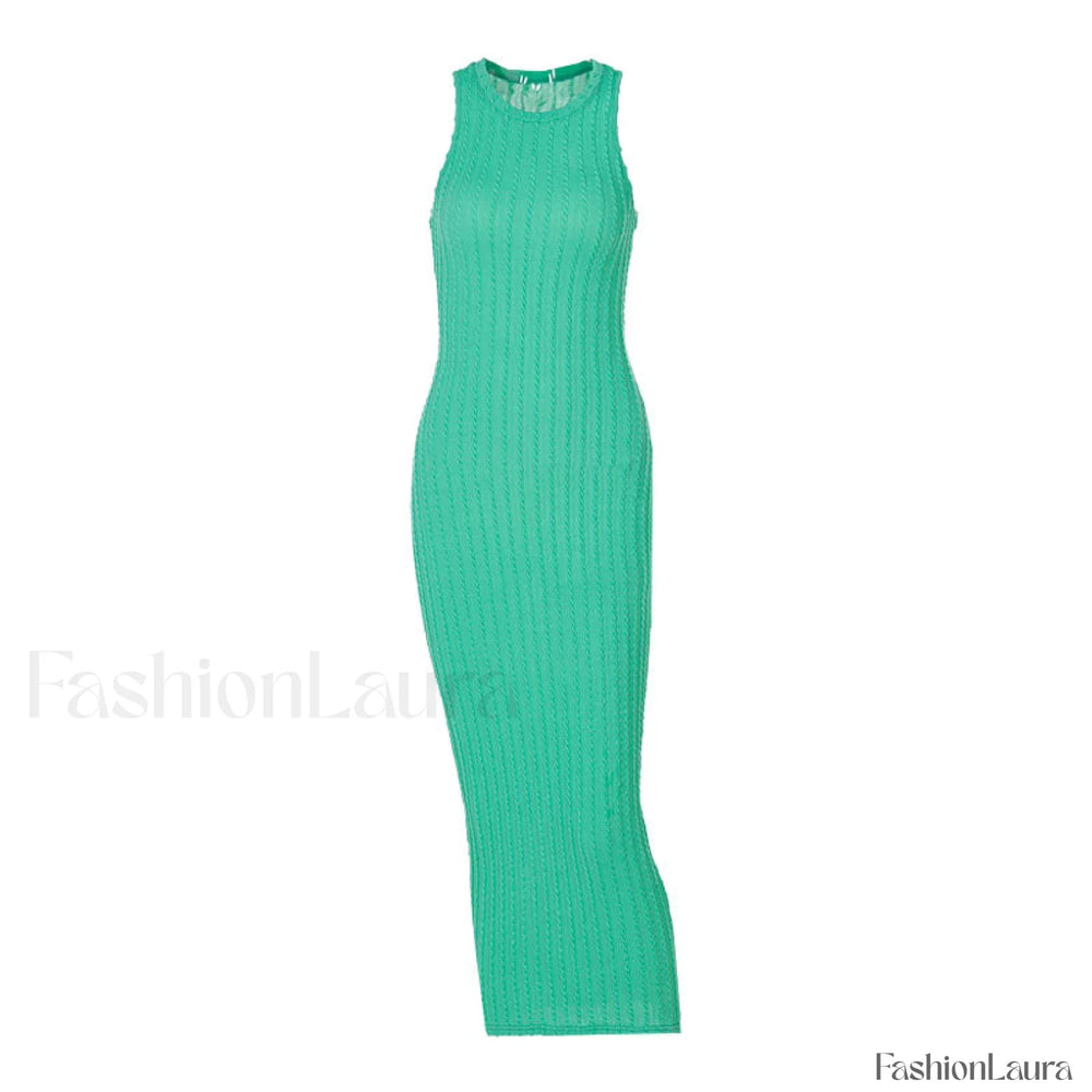 Trendy Sleeveless Round Neck Cable Knit Midi Dress Green L / Green Sweater Dresses