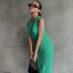 Trendy Sleeveless Round Neck Cable Knit Midi Dress Green M / Green Sweater Dresses
