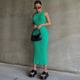 Trendy Sleeveless Round Neck Cable Knit Midi Dress Green S / Green Sweater Dresses