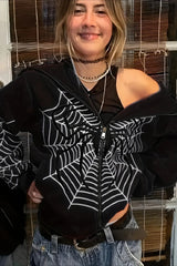 Trendy Spider Web Zipper Hoodie Black / S