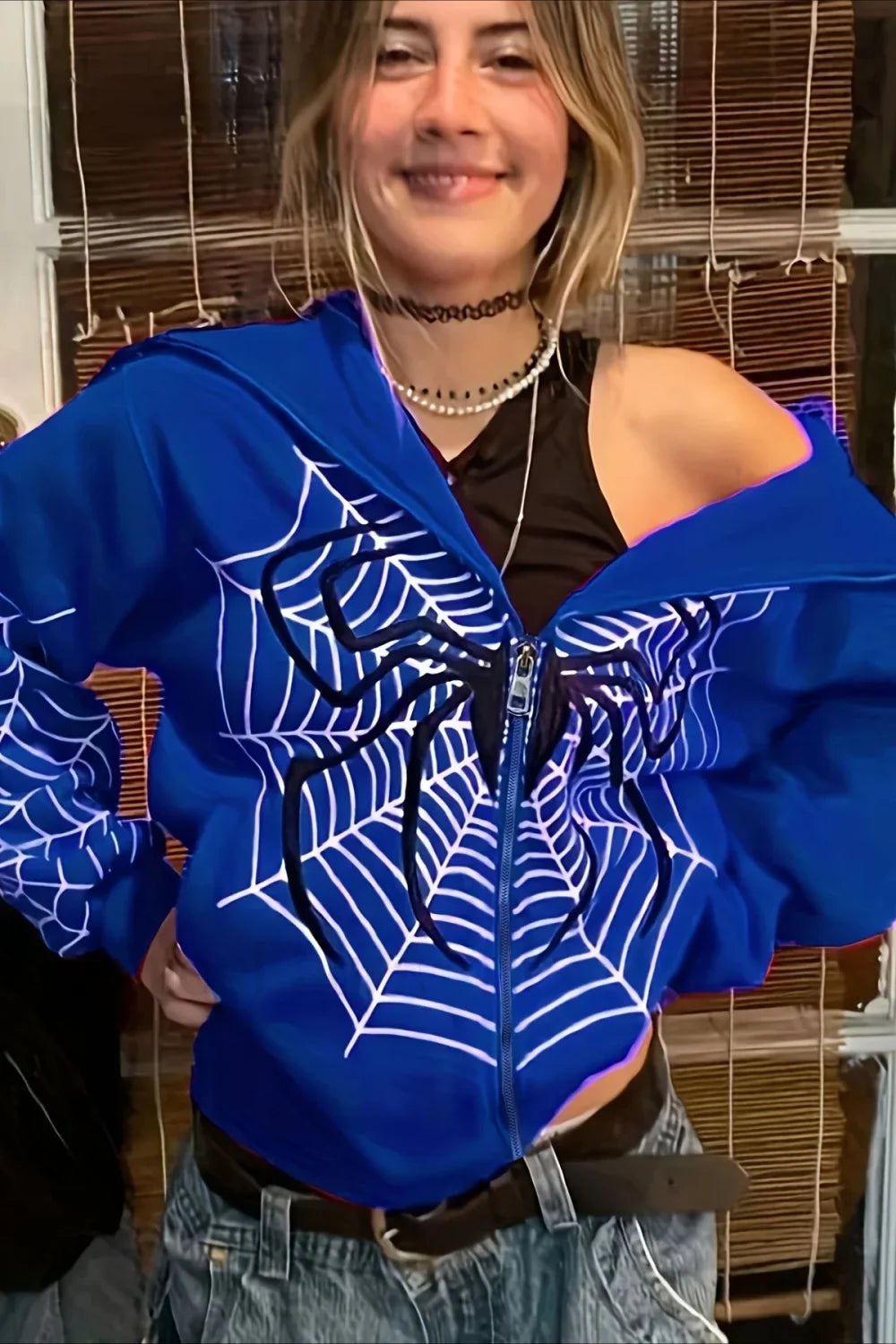 Trendy Spider Web Zipper Hoodie Blue / S
