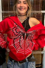 Trendy Spider Web Zipper Hoodie Red / S