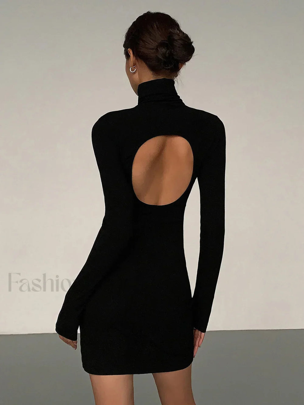 Turtleneck Open Back Trendy Long Sleeve Short Dress Black / XS Dresses