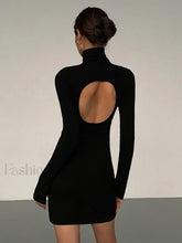 Turtleneck Open Back Trendy Long Sleeve Short Dress Black / XS Dresses