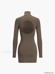 Turtleneck Open Back Trendy Long Sleeve Short Dress Brown / XS Dresses