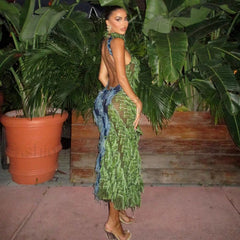 Turtleneck Sleeveless Fringed High Waist Slim Maxi Dress