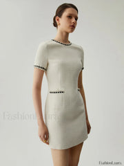 Tweed Contrast Trim Trendy Pocket Mini Dress Dresses