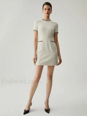 Tweed Contrast Trim Trendy Pocket Mini Dress Dresses