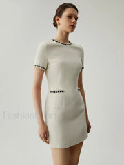 Tweed Contrast Trim Trendy Pocket Mini Dress Dresses